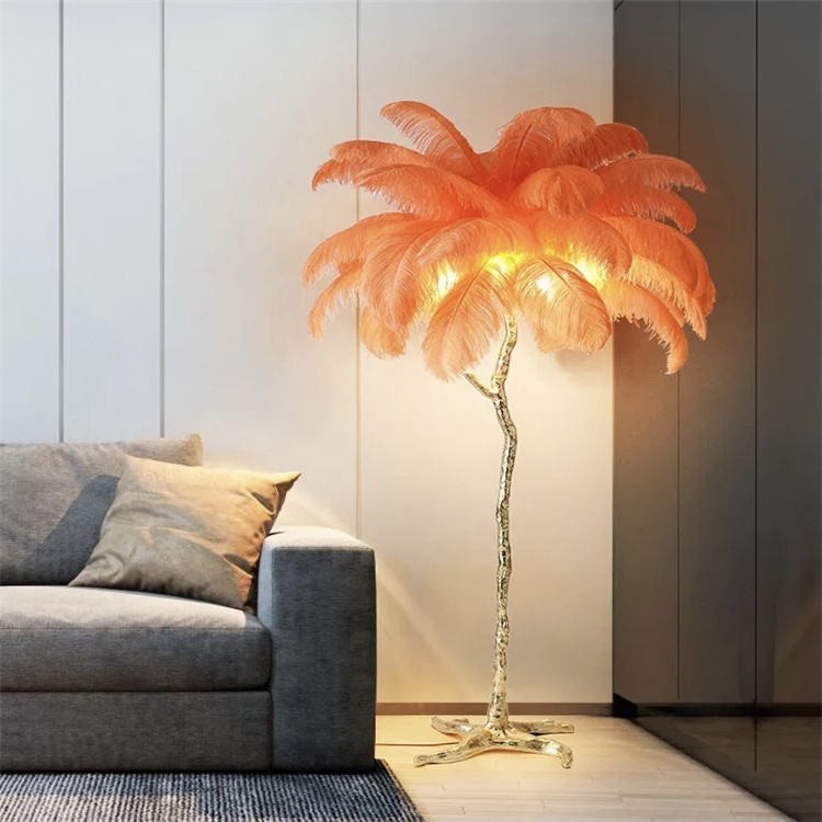 Modern LED Floor Lamp Ostrich Feather Lamp Post-Modern Copper Floor Lights Living Room Hotel Standing Lights Bedroom Decor Lamp